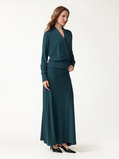2Pcs Set Surplice Long Sleeve Banded Hem Top & A-Line Midi Skirt
