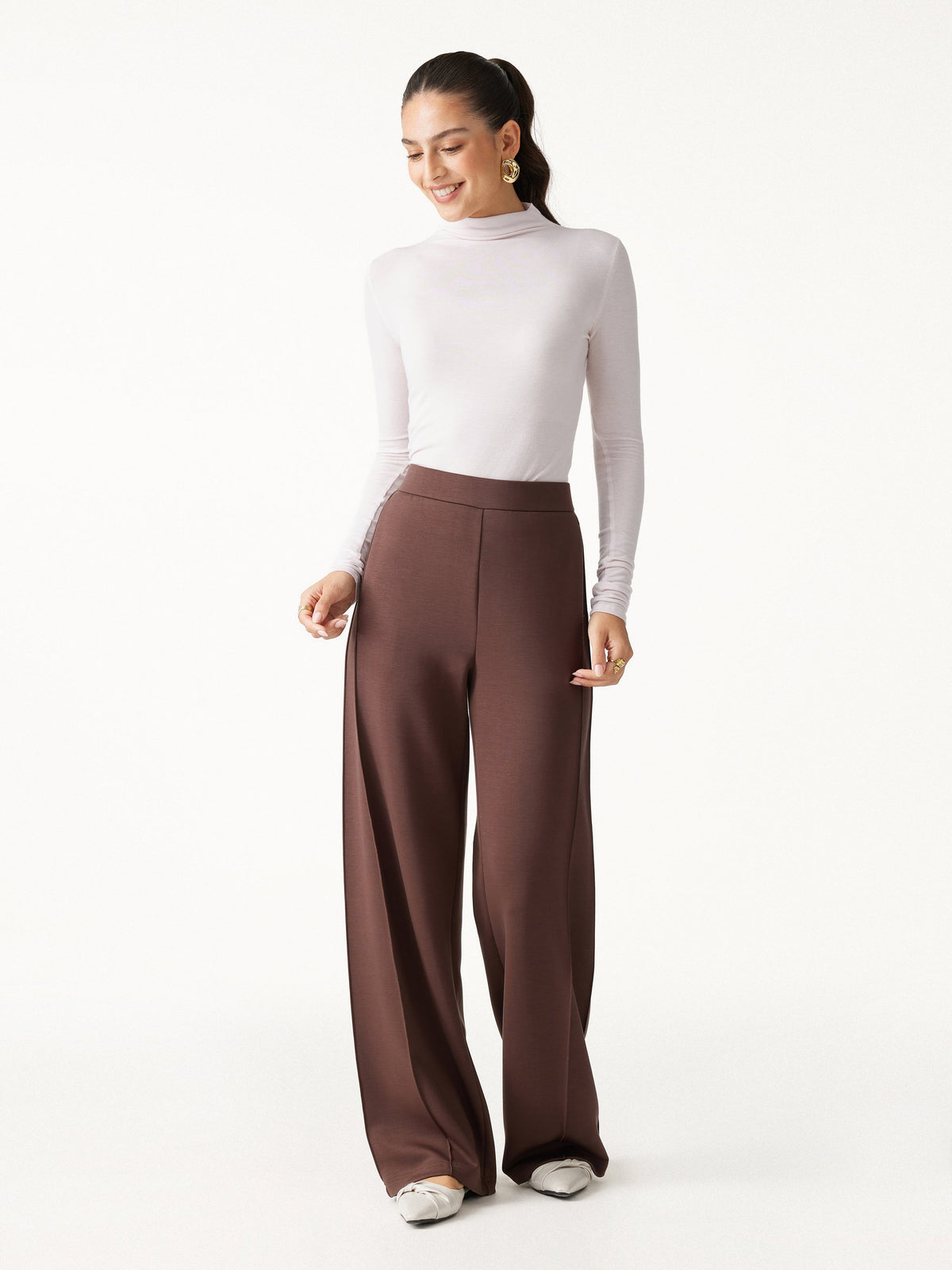 Modal Spacer Knit High-Rise Wide-Leg Pants with Pockets