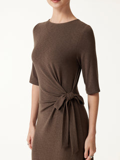 Slub Ribbed Round Neck Elbow Sleeve Tie-Waist Midi Dress