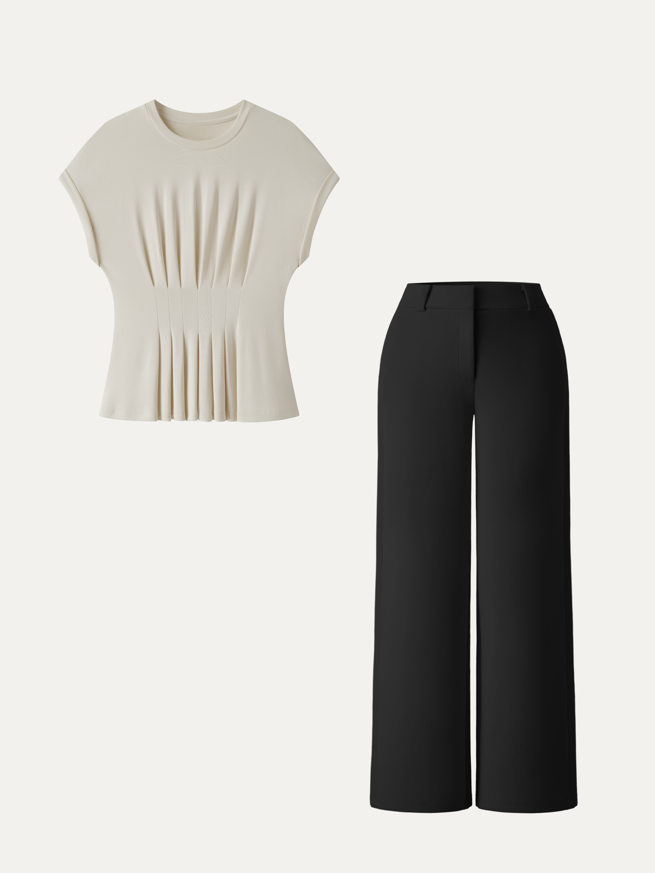 2Pcs Set Round Neck Tee & Mid Rise Fly-Front Wide Leg Trousers
