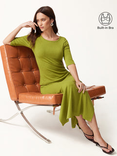 2Pcs Set Round Neck Elbow Sleeve Bra Top & Side-Slit A-Line Midi Skirt