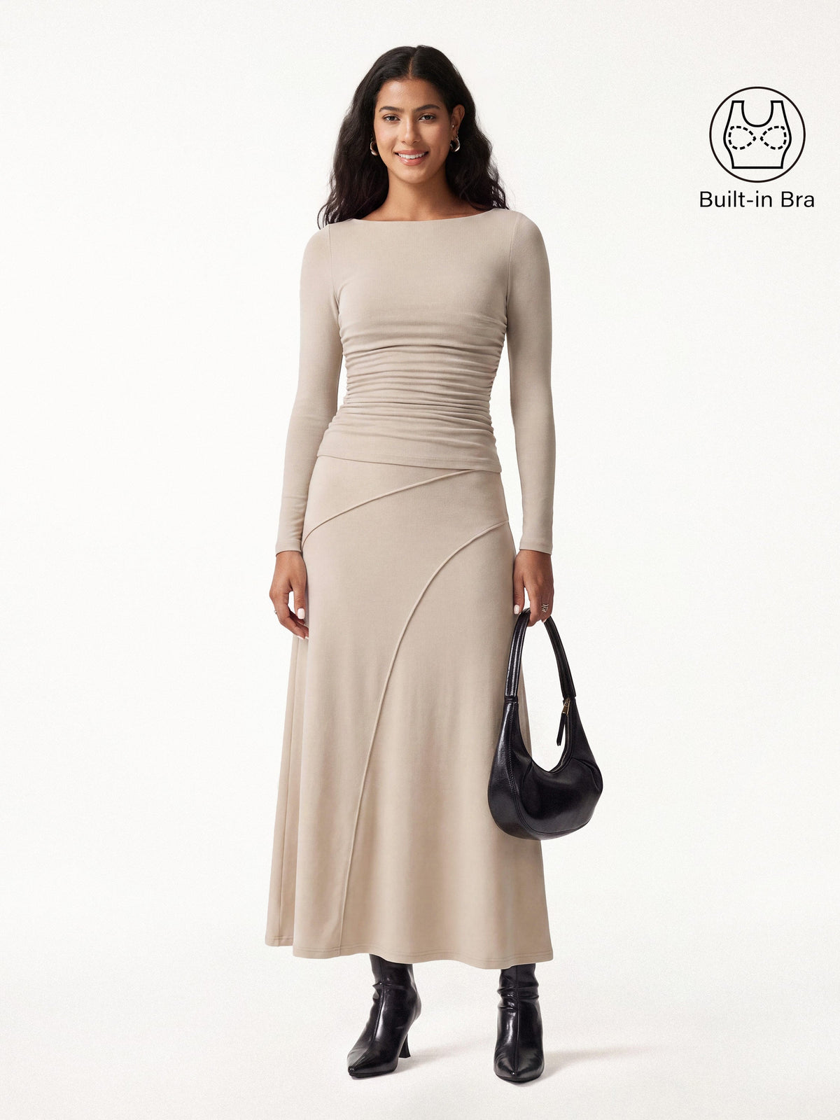 2Pcs Set Boatneck Ruched Bra Top & Drapey A-Line Maxi Skirt