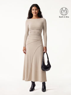 2Pcs Set Boatneck Ruched Bra Top & Drapey A-Line Maxi Skirt