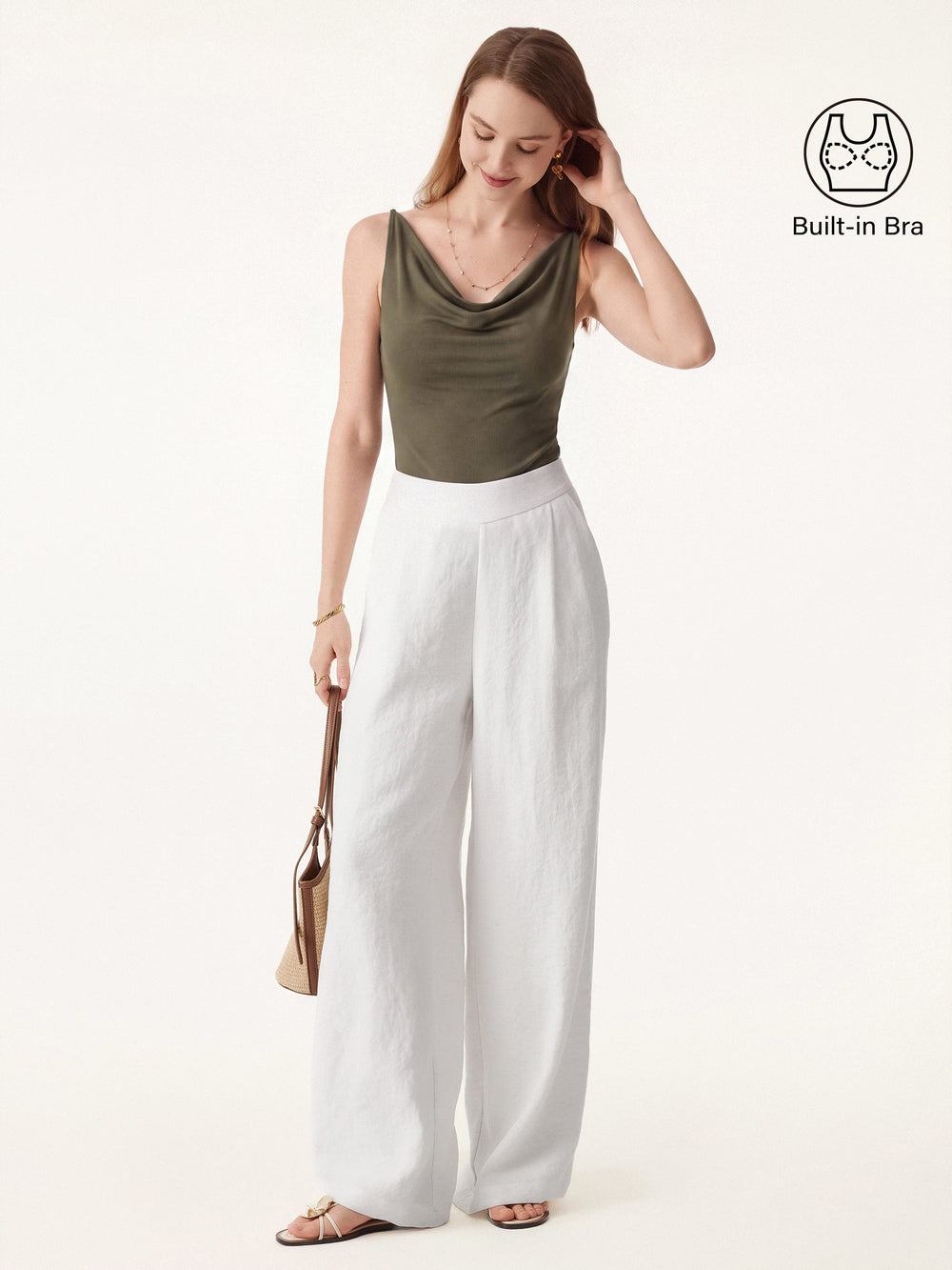 2Pcs Set Cowl Neck Bra Tank & Mid Rise Wide Leg Pant with Pockets