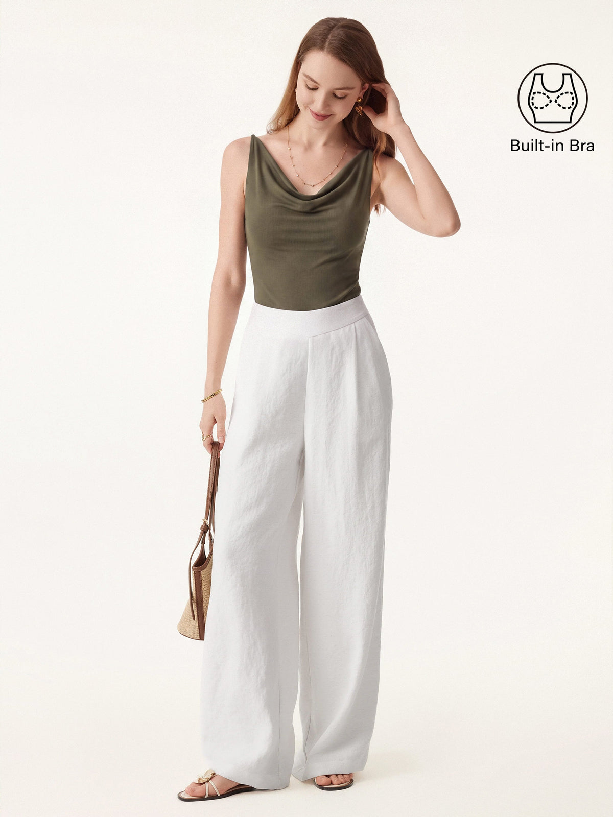 2Pcs Set Cowl Neck Bra Tank & Mid Rise Wide Leg Pant with Pockets