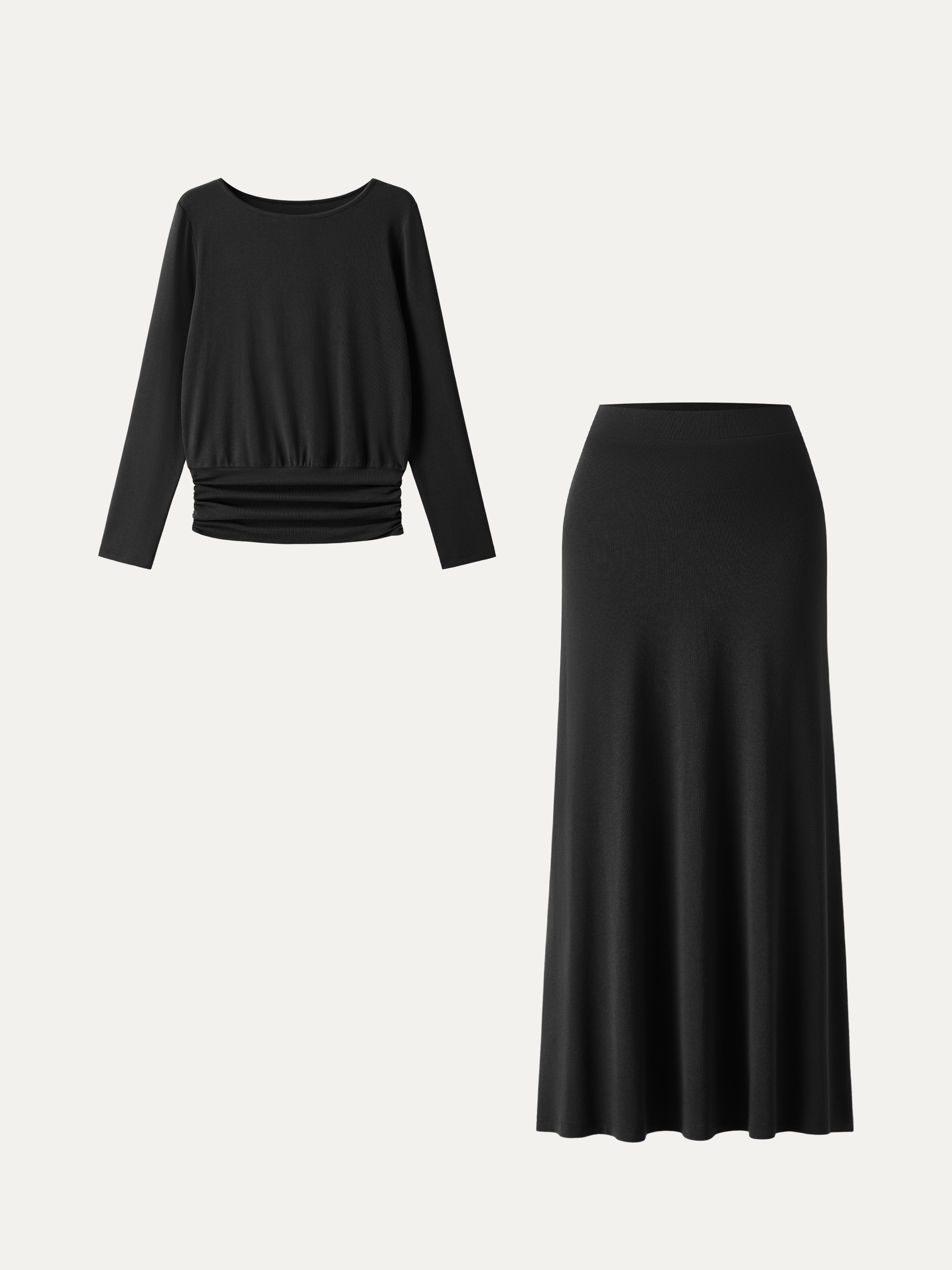 2Pcs Set Boatneck Long Sleeve Top & High-Rise A-Line Maxi Skirt