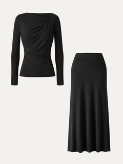 2Pcs Set Asymmetrical Neck Long Sleeve Top & High-Rise A-Line Maxi Skirt
