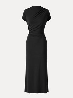 Eco-Mousse® Mock Neck Cap Sleeve Ruched Midi Dress