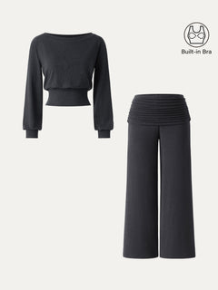2Pcs Set Boatneck Bra & Drapey Wide Leg Pull-on Pants with Pockets