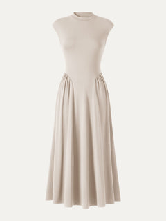 Ponte Mock Neck Ruched A-Line Midi Dress with Pockets