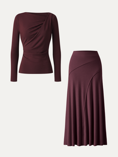 2Pcs Set Asymmetrical Neck Long Sleeve Top & Drapey A-Line Midi Skirt