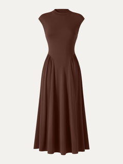 Ponte Mock Neck Ruched A-Line Midi Dress with Pockets