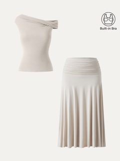 2Pcs Set Multi-wear Bra Top & Side Ruched A-line Midi Skirt