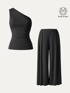 2Pcs Set Petite Wide Leg Palazzo Pant with Pockets & Ruched Bra Tank