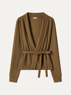 Textured Cotton Blend Lapel Belted Open-Front Jacket