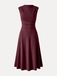 Viscose-Cotton Mock Neck Sleeveless Tucked Midi Dress