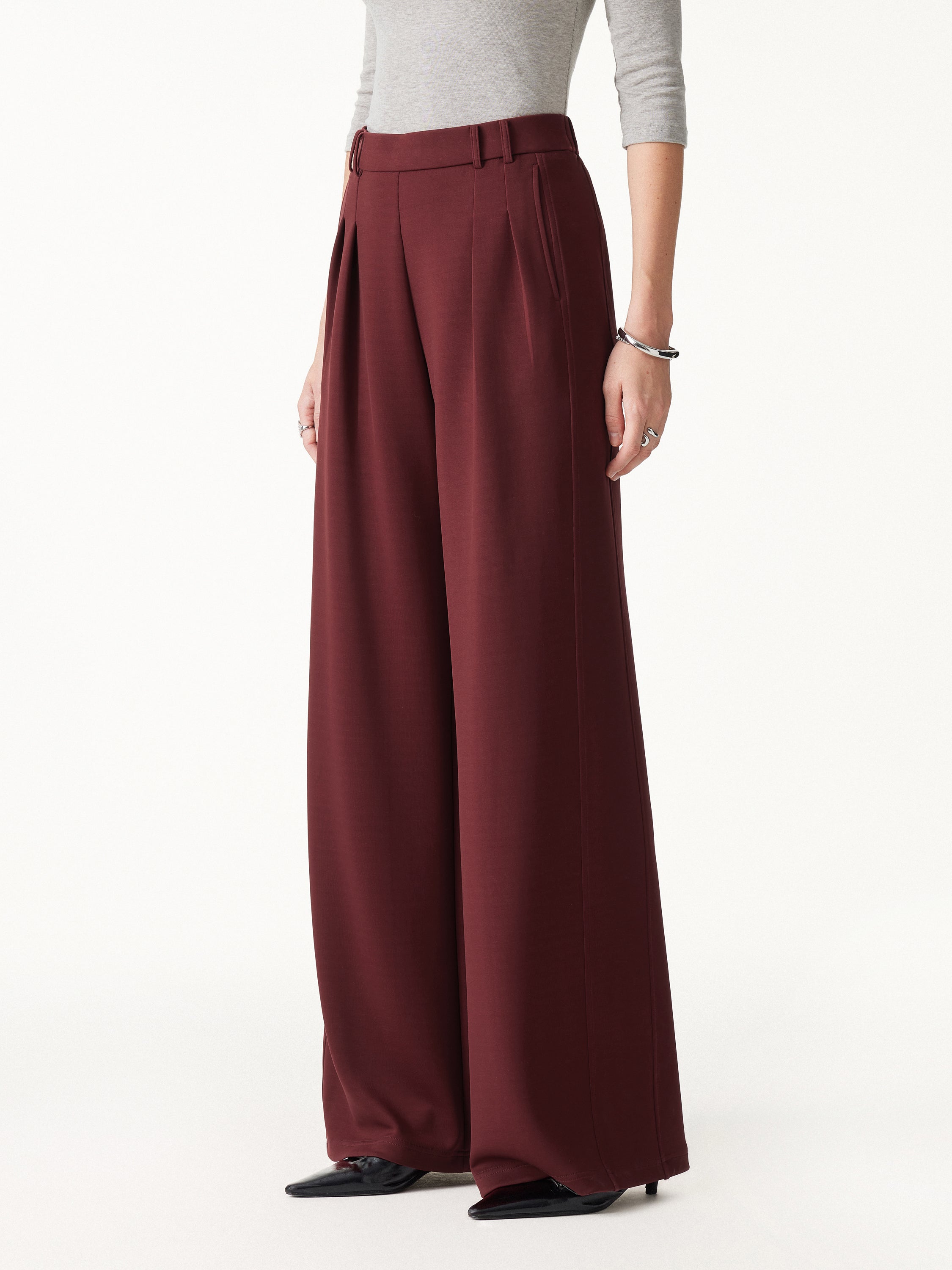Lyocell Spacer Knit High-Rise Wide-Leg Tuck Pants with Pockets
