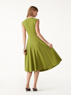 Viscose-Cotton Mock Neck Sleeveless Tucked Midi Dress