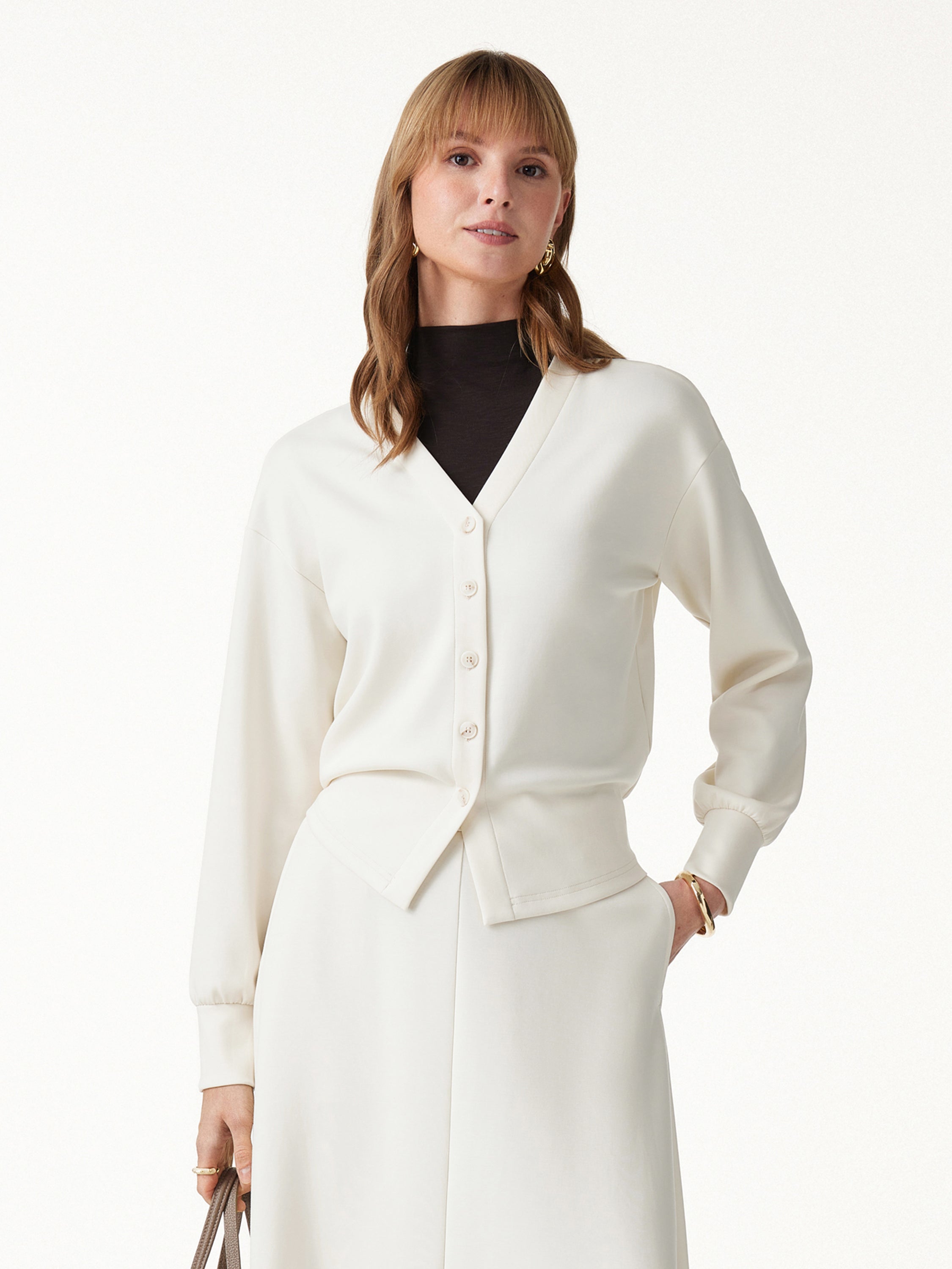 2Pcs Set V-Neck Long Sleeve Cardigan & Knit High-Rise Umbrella Midi Skirt with Pockets
