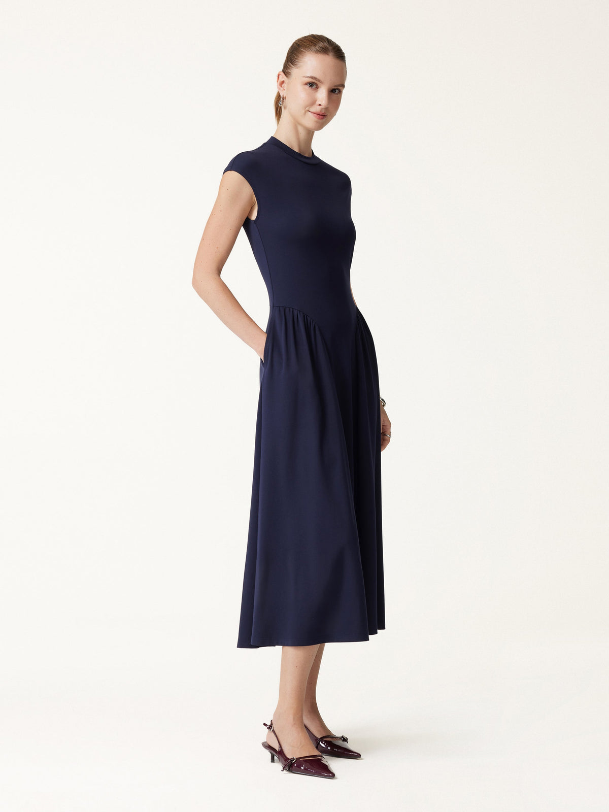 Ponte Mock Neck Ruched A-Line Midi Dress with Pockets