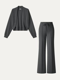 2Pcs Set Long Sleeve Drop-Shoulder Cardigan & High-Rise Flare Pants with Pockets