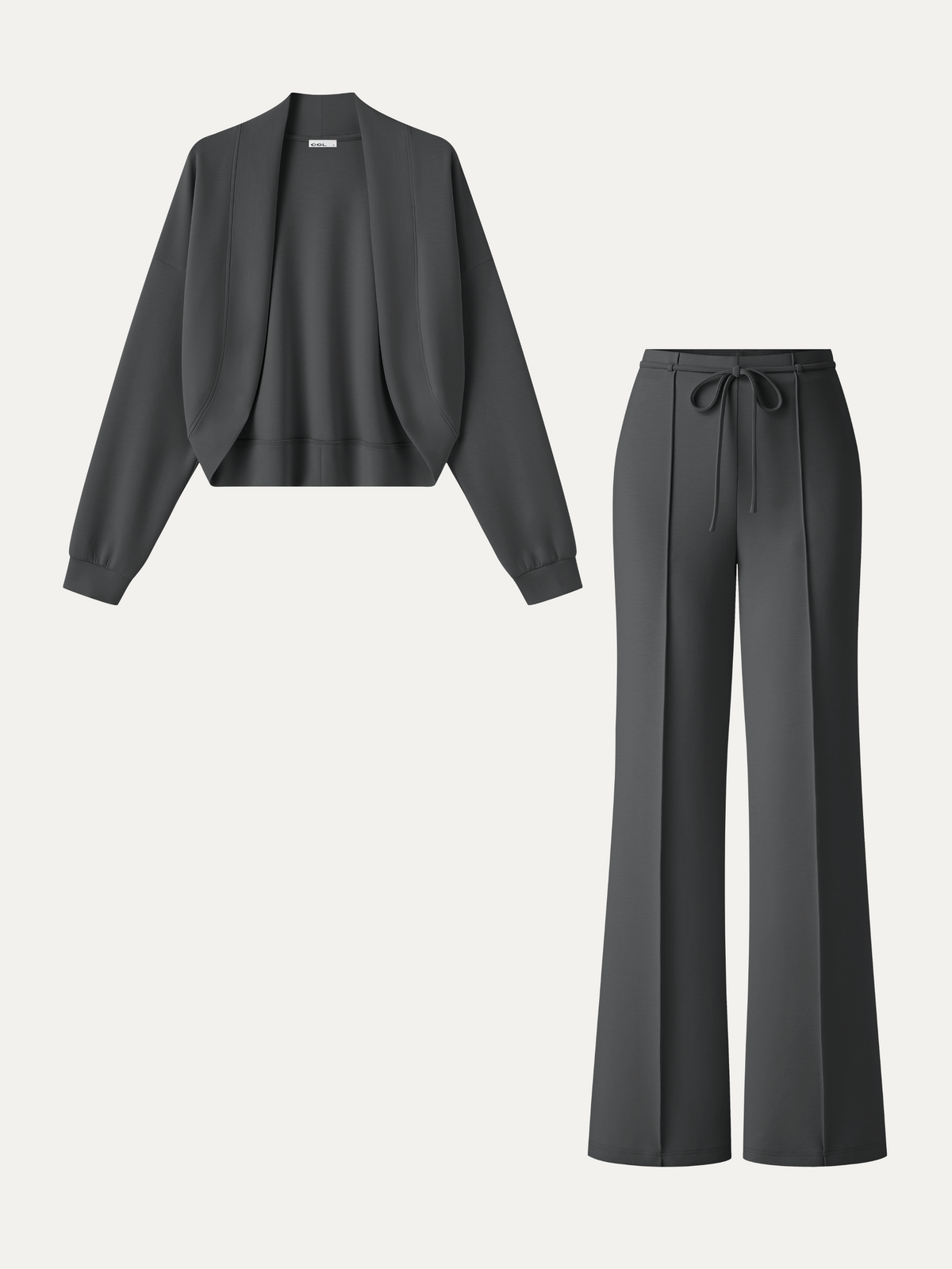 2Pcs Set Long Sleeve Drop-Shoulder Cardigan & High-Rise Flare Pants with Pockets