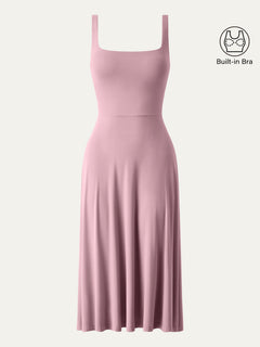 Square Neck Flowy New Airy Bra Midi Dress