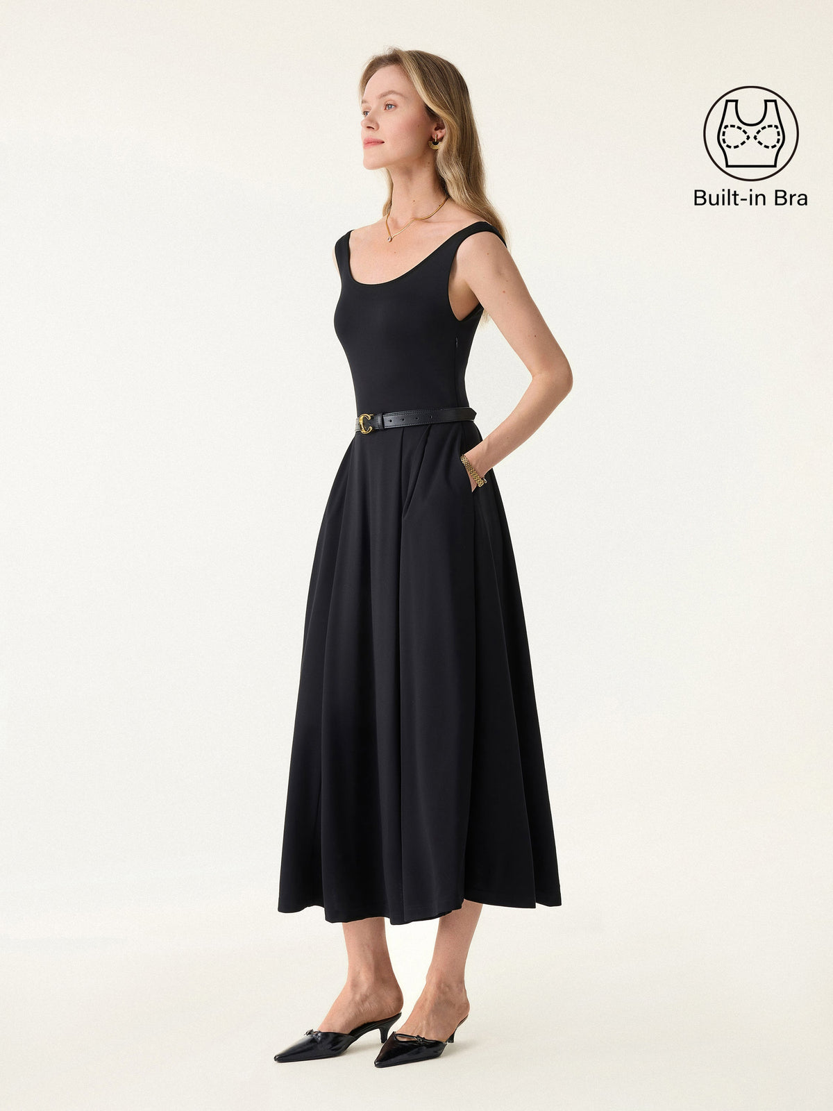 Balletic Scoop Neck Midi Bra Dress with Pockets