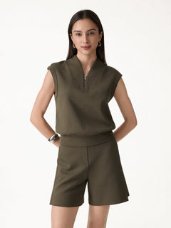 2Pcs Set Banded Hem Travel Top & Shorts with Pockets
