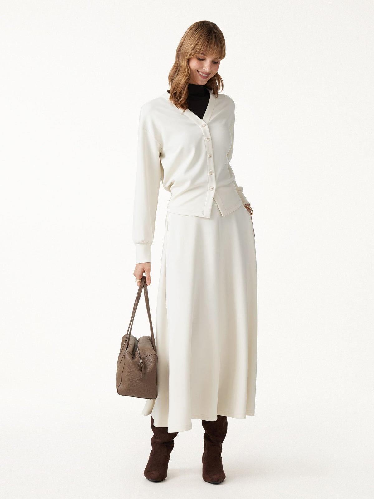 2Pcs Set V-Neck Long Sleeve Cardigan & Knit High-Rise Umbrella Midi Skirt with Pockets
