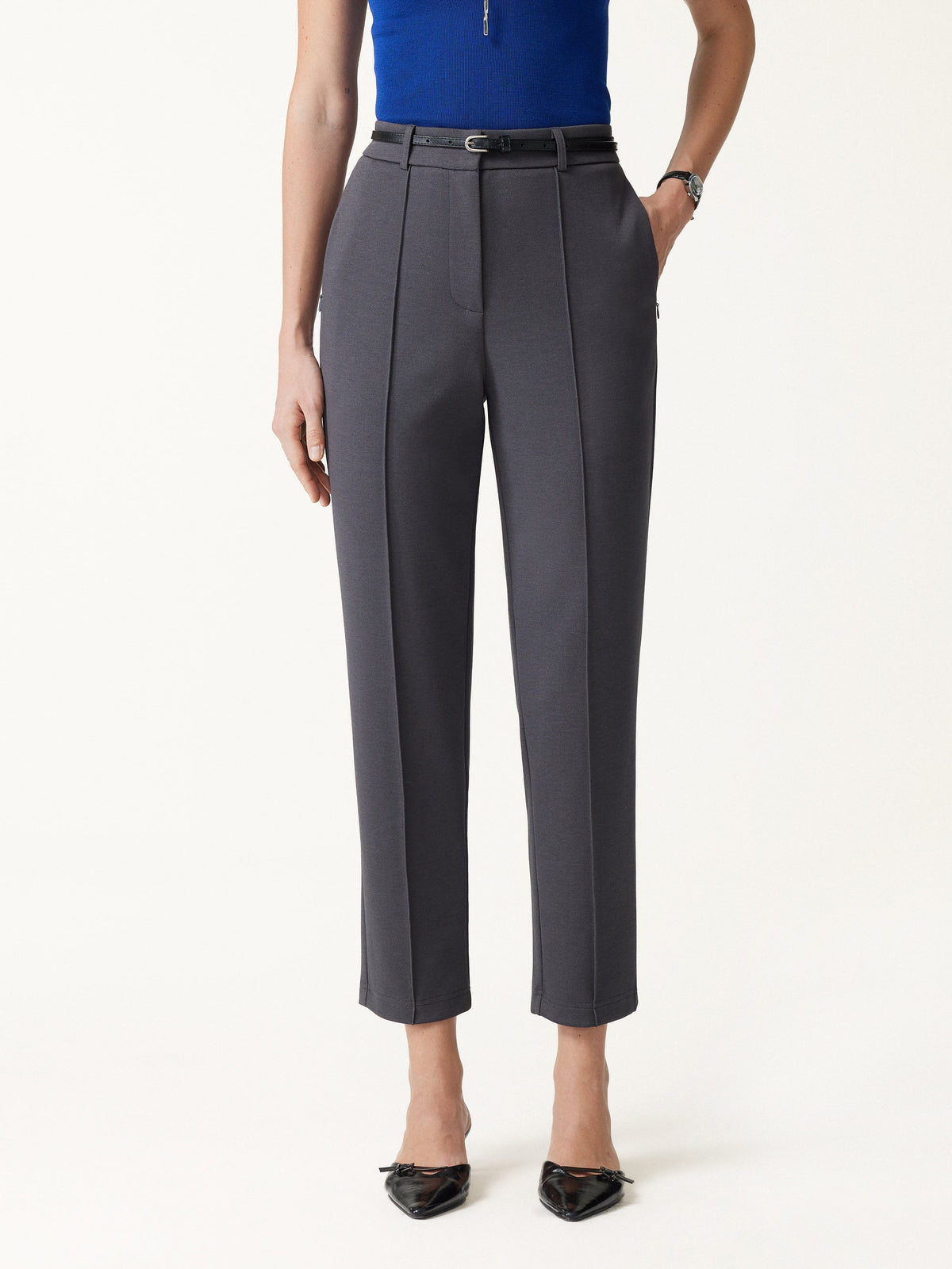Modal Blend Ponte High-Rise Ankled Slim-Straight Pants with Pockets