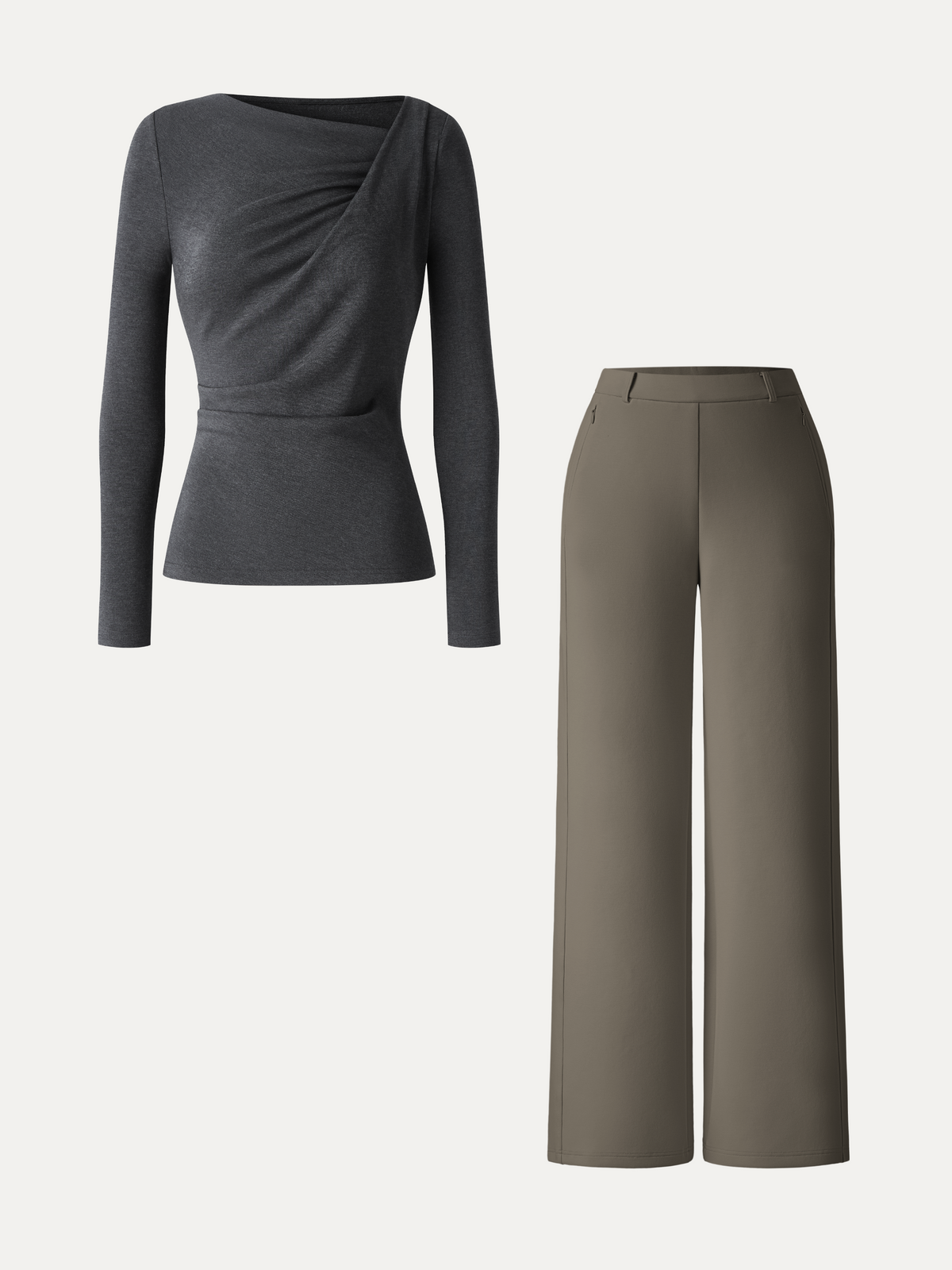 2Pcs Set Asymmetrical Neck Long Sleeve Top & Slimming High Rise Wide Leg Pant