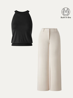 2Pcs Set Halter Neck Bra Top & Mid Rise Fly-Front Wide Leg Trousers