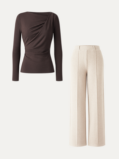 2Pcs Set Asymmetrical Neck Long Sleeve Top & High Waisted Straigh Leg Pull On Pant