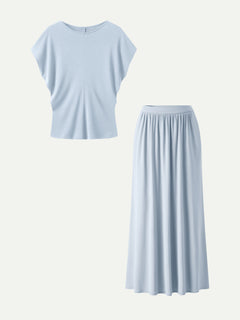 2Pcs Set Round Neck Top & A-Line Maxi Skirt