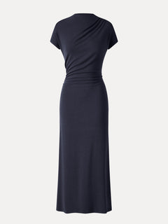 Eco-Mousse® Mock Neck Cap Sleeve Ruched Midi Dress