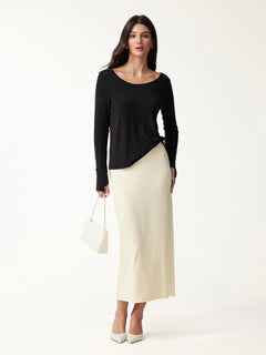 Premium Lyocell-Wool Scoop Neck Thumbhole Long Sleeve Top