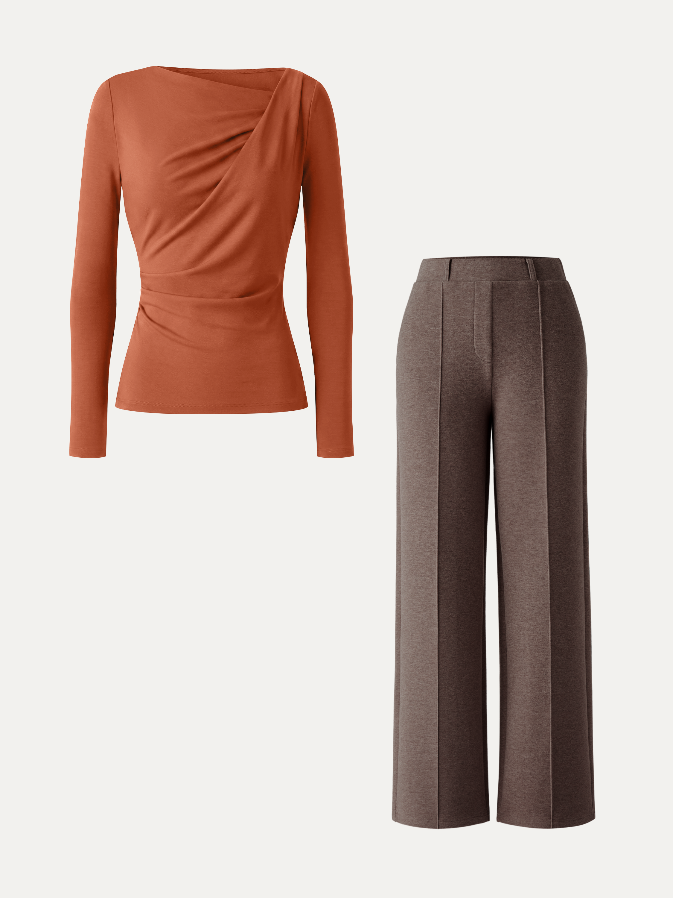 2Pcs Set Asymmetrical Neck Long Sleeve Top & High Waisted Straigh Leg Pull On Pant