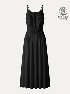Vacay Gathered U-Neck Spaghetti Midi Bra Dress with Pockets