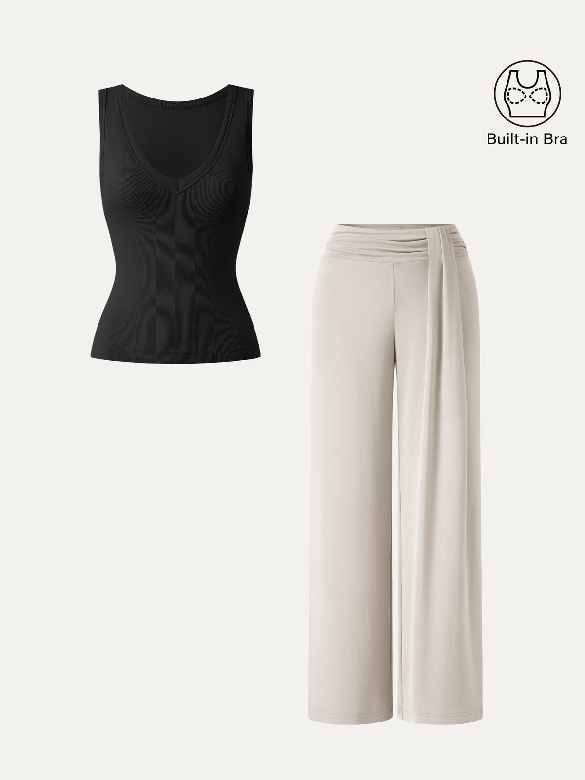 2Pcs Set V-neck Bra Tank & Mid-Rise Wide-Leg Lounge Pants