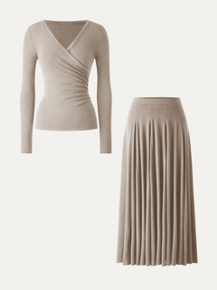 2Pcs Set Surplice Ruched Long Sleeve & Godet Hem Pull-on Maxi Skirt