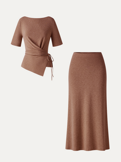 2Pcs Set Short Sleeve Tie-Side Top & Side-Slit A-Line Midi Skirt