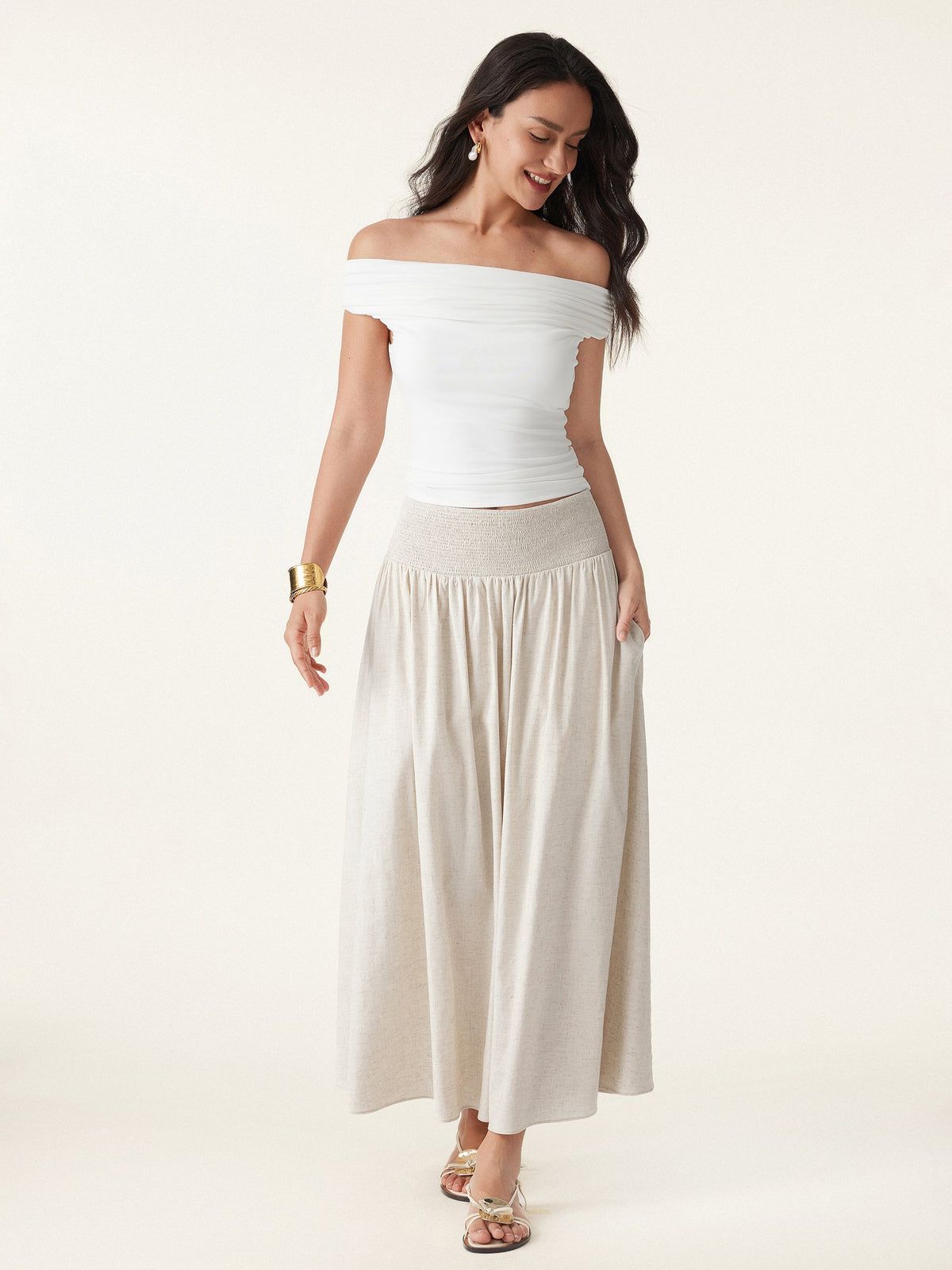 European Linen Smocked Waist Skirt with Pockets