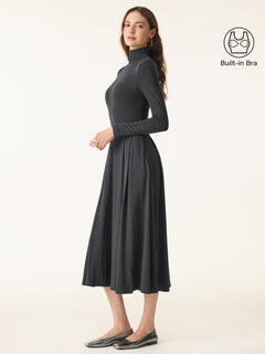 Light Warm Mockneck Pleated Midi Bra Dress with Pockets