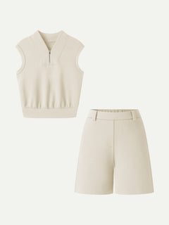 2Pcs Set Banded Hem Travel Top & Shorts with Pockets