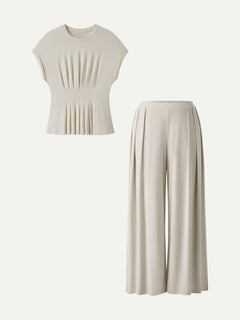 2Pcs Set Round Neck Short Sleeve Tee & Wide Leg Pants with Pockets