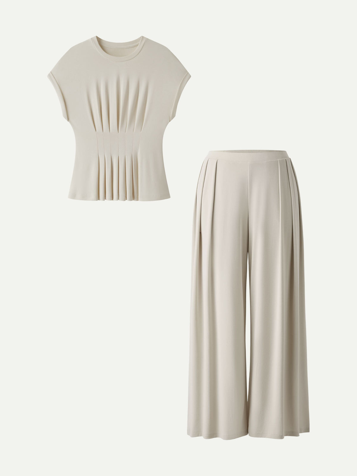 2Pcs Set Round Neck Short Sleeve Tee & Wide Leg Pants with Pockets