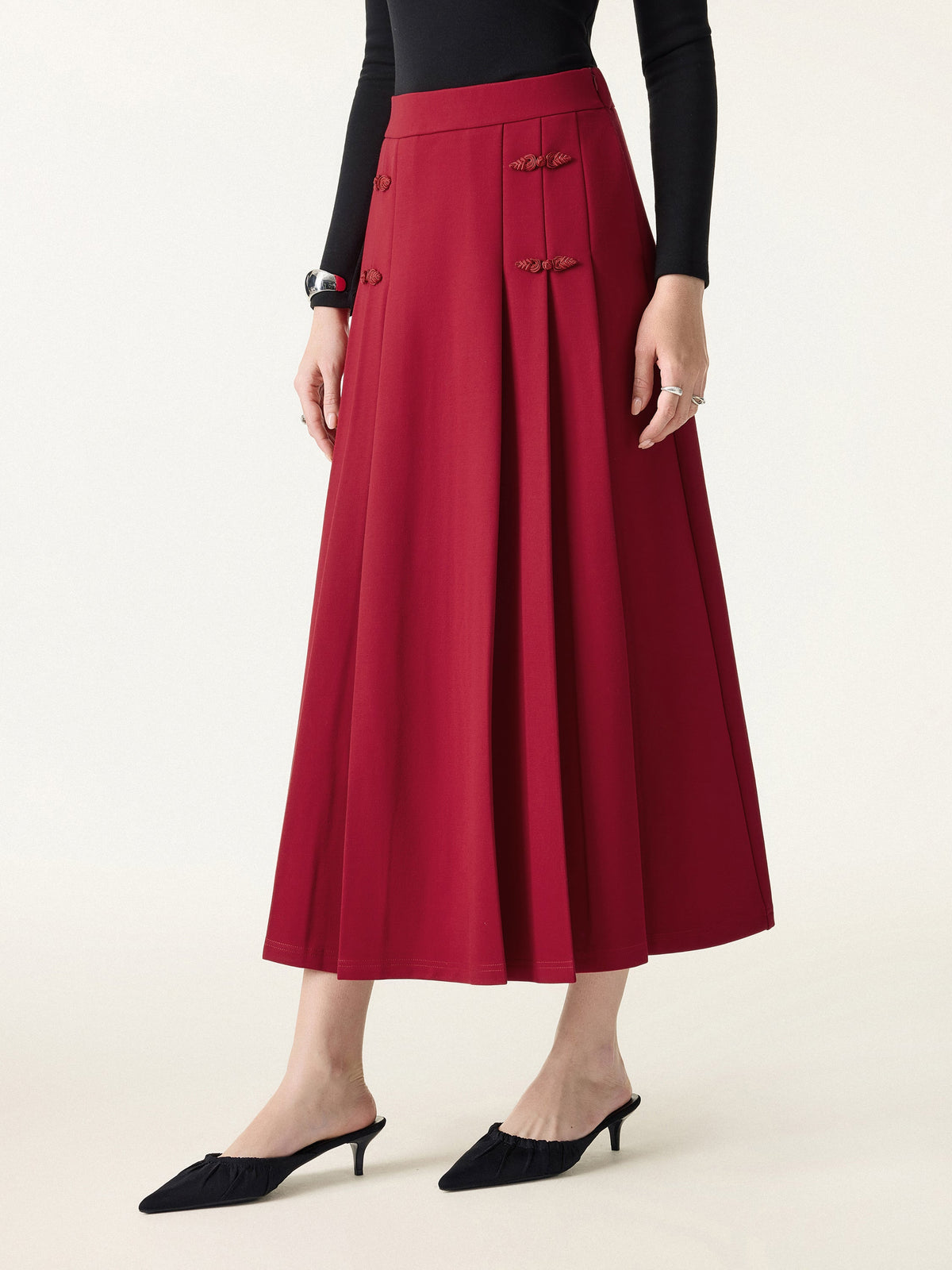 Pleated Frog Button Decor Midi A-line Skirt Limited Edition