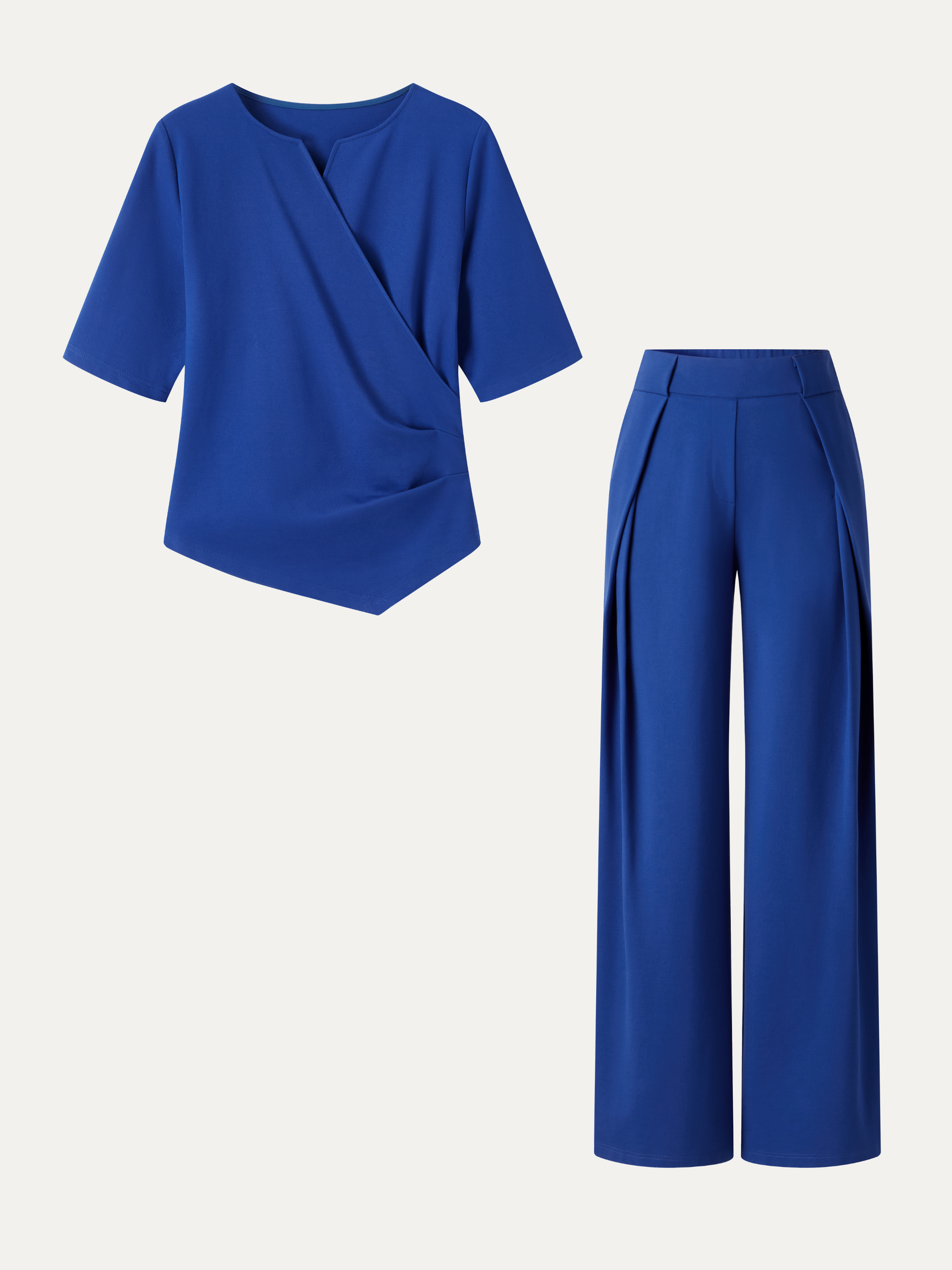 2Pcs Set Surplice Elbow Sleeve Top & Mid-Rise  Wide-Leg Tuck Pants with Pockets