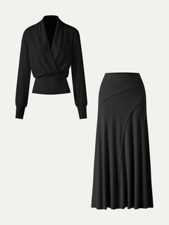 2Pcs Set Surplice Long Sleeve Banded Hem Top & A-Line Midi Skirt